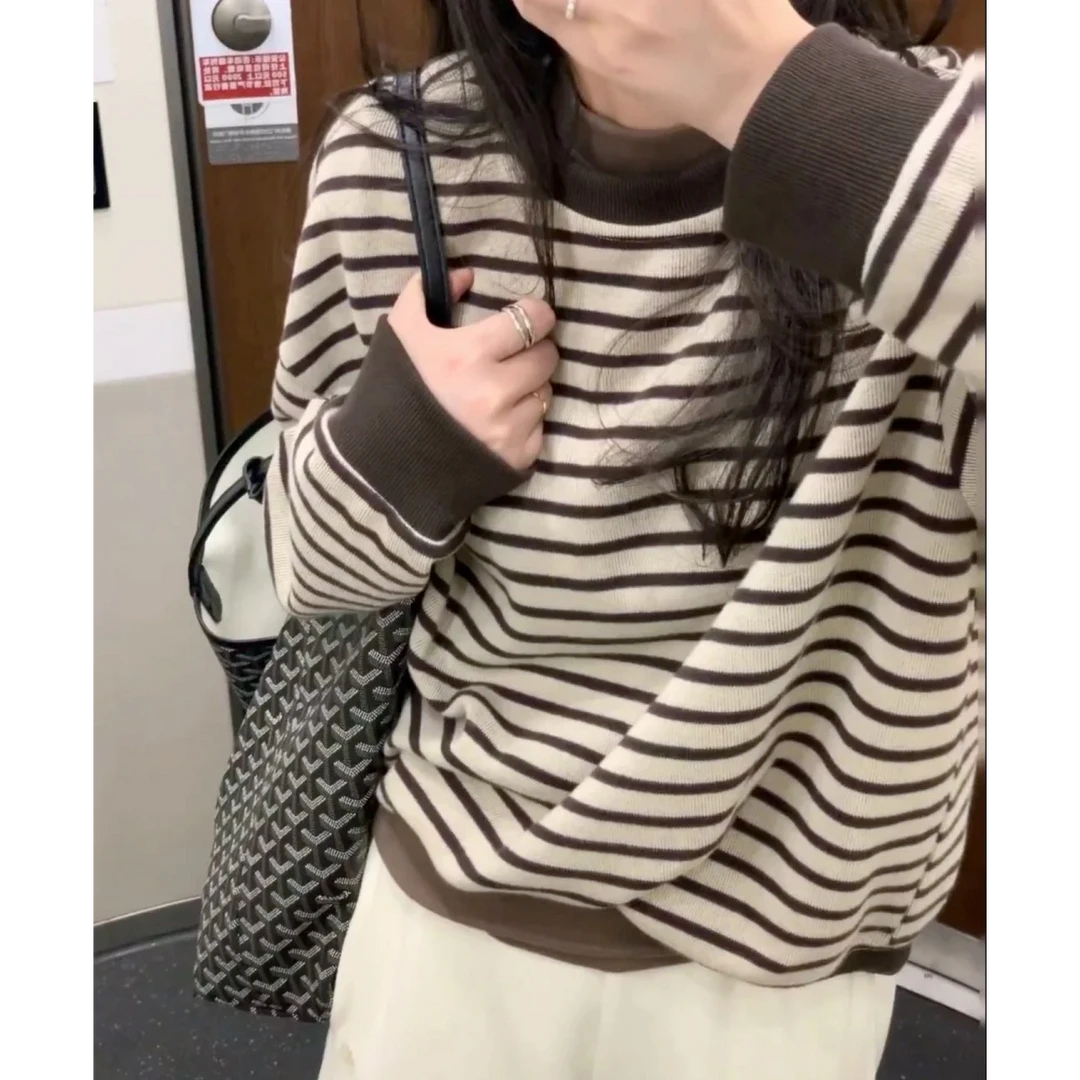 韩系复古棕色条纹圆领卫衣女秋冬新款小个子慵懒软糯宽松套头上衣