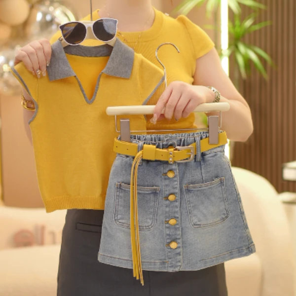 【现货现发】2025新款女童夏季洋气百搭冰丝凉感T恤牛仔裙裤套装