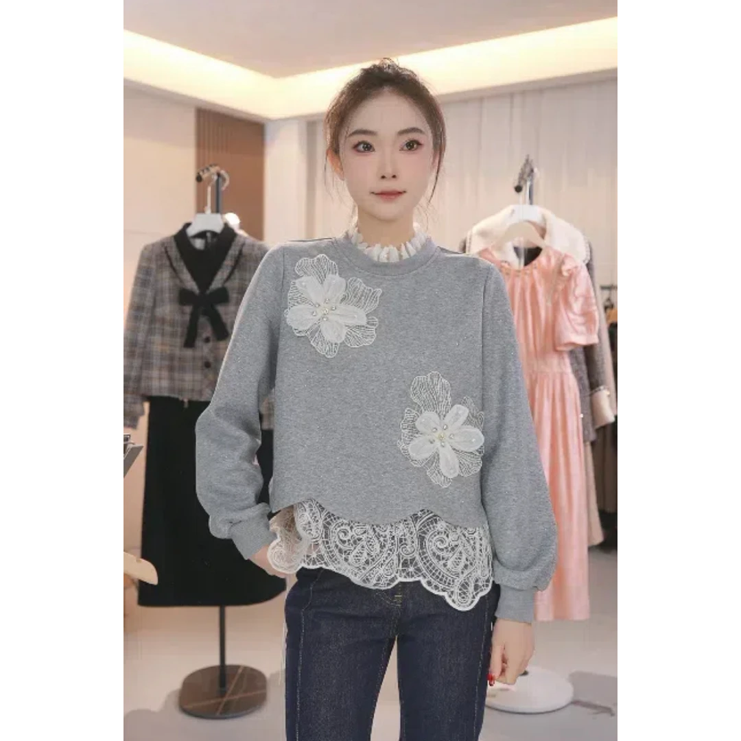 蕾丝拼接立体花朵卫衣女2025春季韩版新款立领长袖宽松洋气上衣潮