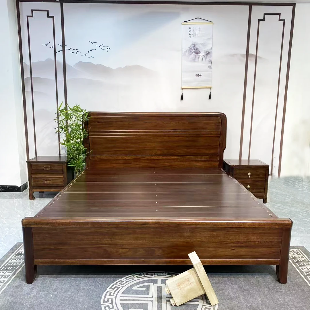 乌金木新中式主卧双人大床简约榫卯实木床硬板经济型客厅两用大床