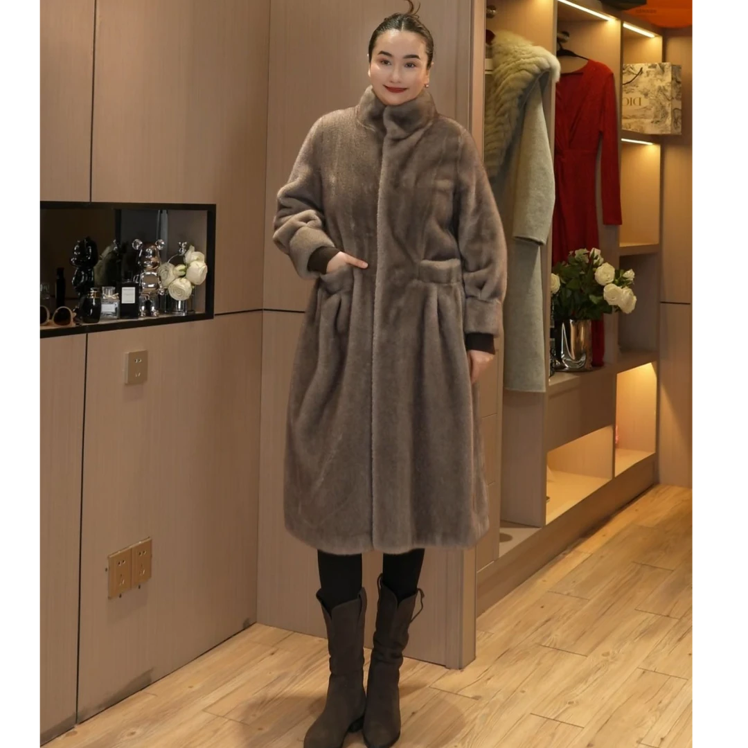 99758款冬季新款过膝高级感立领长款毛毛外套女