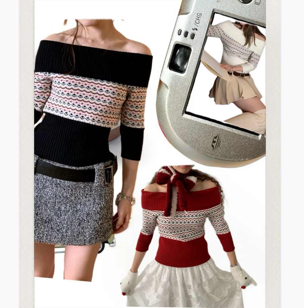 【安-费尔岛日记】三色可选费尔岛花纹舒适不扎一字肩毛衣