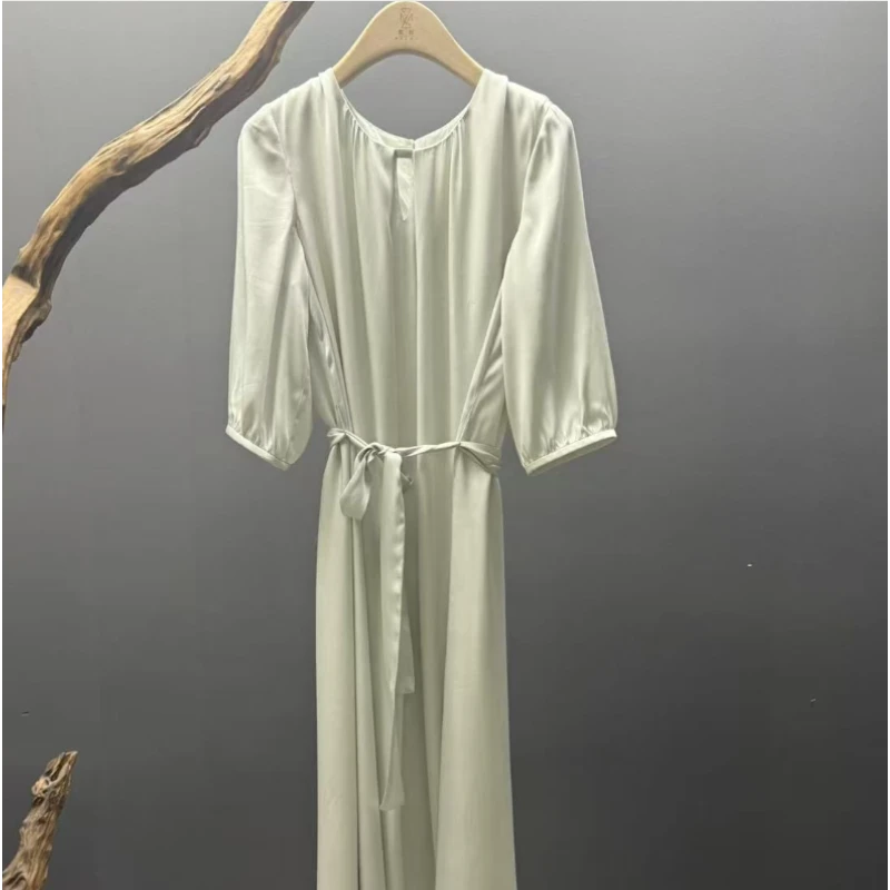 【瑞纳】素色净版圆领桑蚕丝连衣裙D900A891