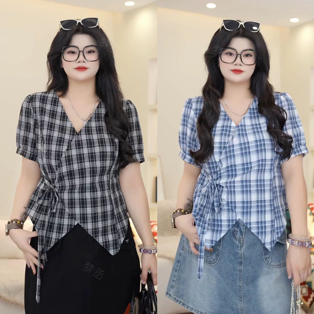 梦丞【格子派对】大码女装V领设计感小衫格子印花时尚洋气短袖衬衫