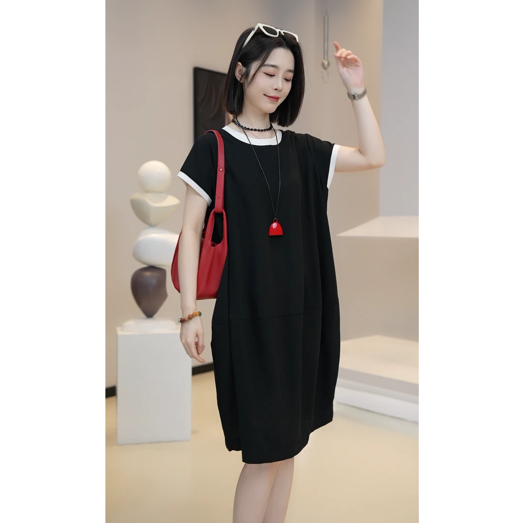 【YUE YUE】黑色高端气质优雅连衣裙夏季款松独特休闲长裙D761