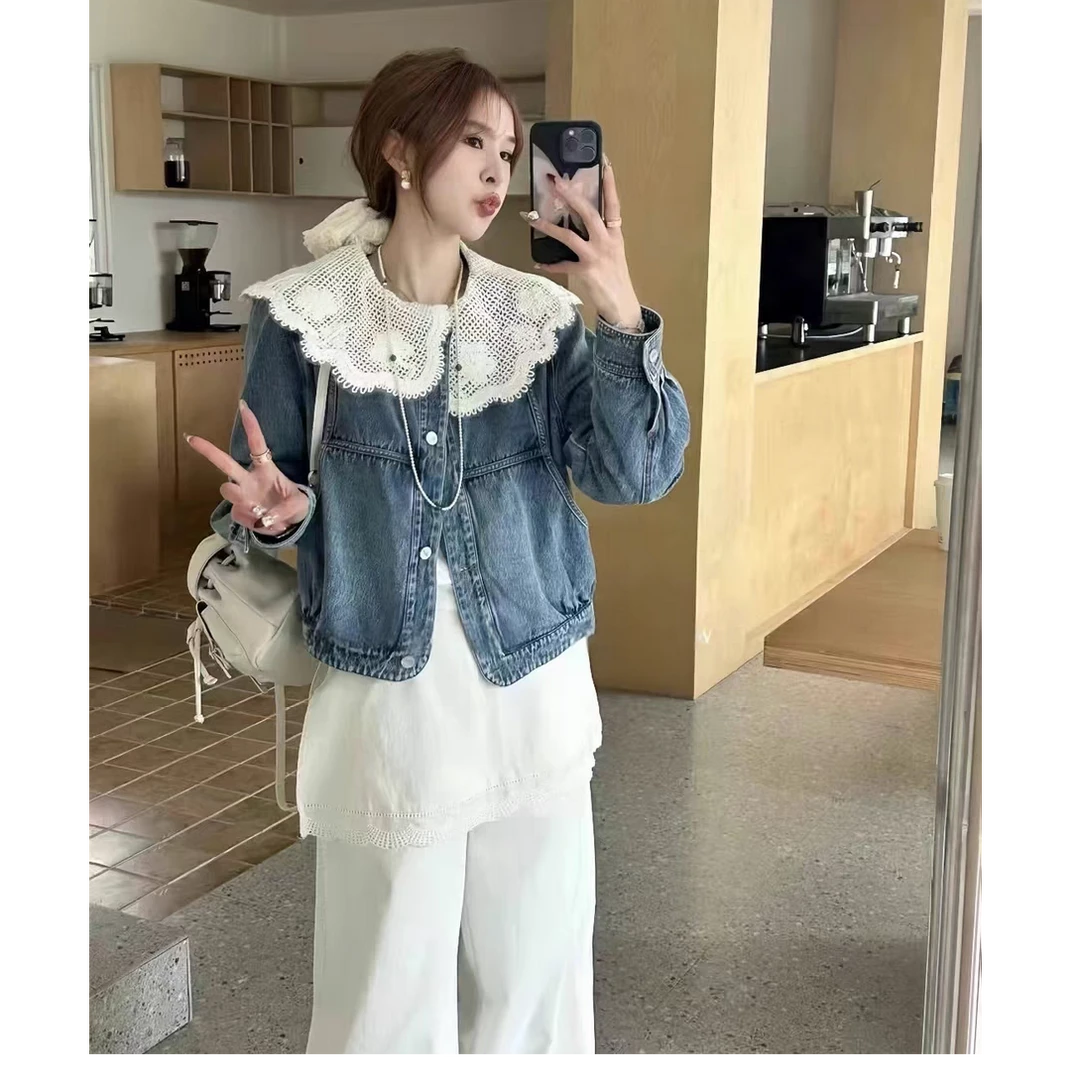 新款春季时尚蕾丝娃娃圆领拼接 牛仔外套