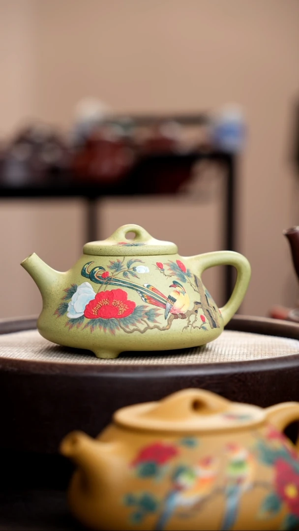 茶壶紫砂豆青砂子冶石瓢泥绘花鸟