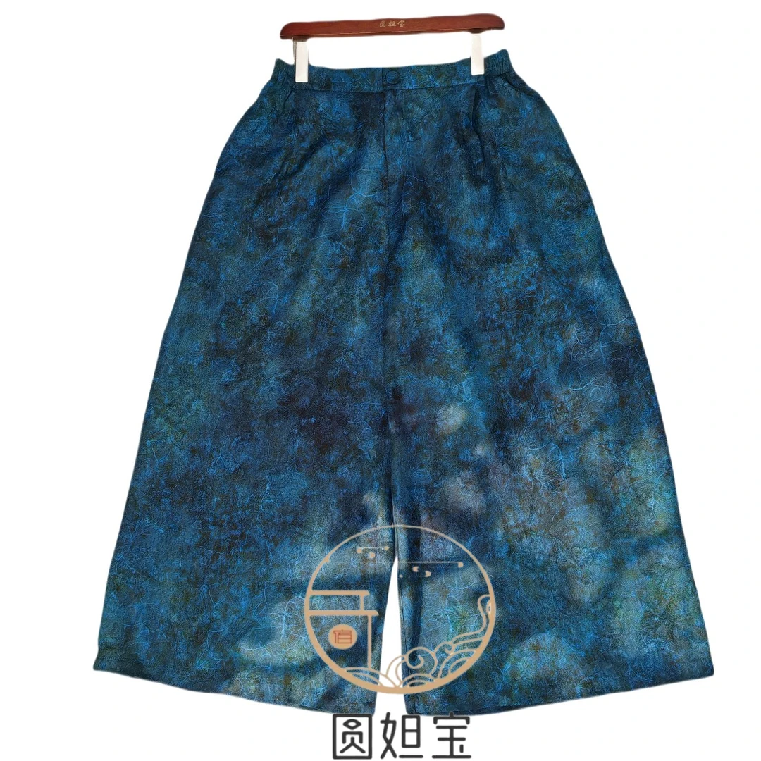 圆圆大码《蓝莲花》阔腿裤夏季（幽池静谧绽蓝莲，素靥凝香意自闲）