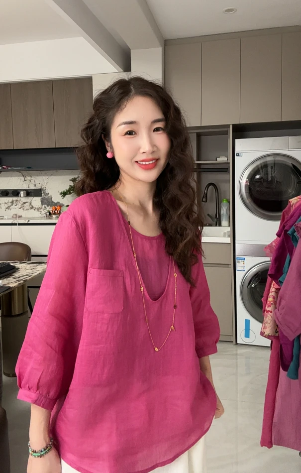 月月自制 天然100%苎麻假两件衬衫女舒适透气亚麻上衣夏季新款