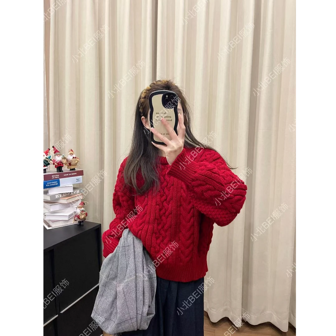 麻花套头毛衣秋冬加厚高级感圆领软糯慵懒风针织上衣