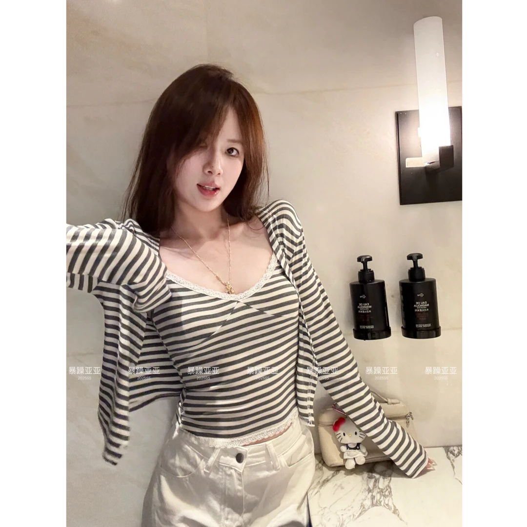 全色自留 妮味蕾丝拼接v领吊带/针织长袖开衫显瘦气质两件套女