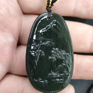 天然和田玉青玉梨形山水牌吊坠QS-0272-3