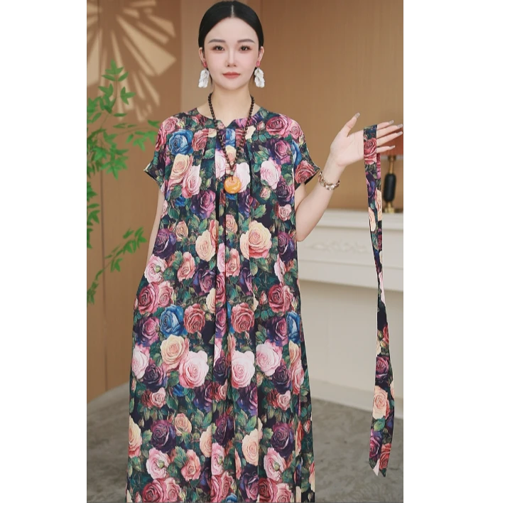 【桃子 梦境花海】·女装碎花裙瘦连衣裙气质裙短袖2536V-6落肩款