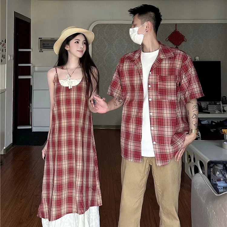 情侣装2025夏季新款小众设计感宽松时尚格子衬衫连衣裙一衣一裙潮