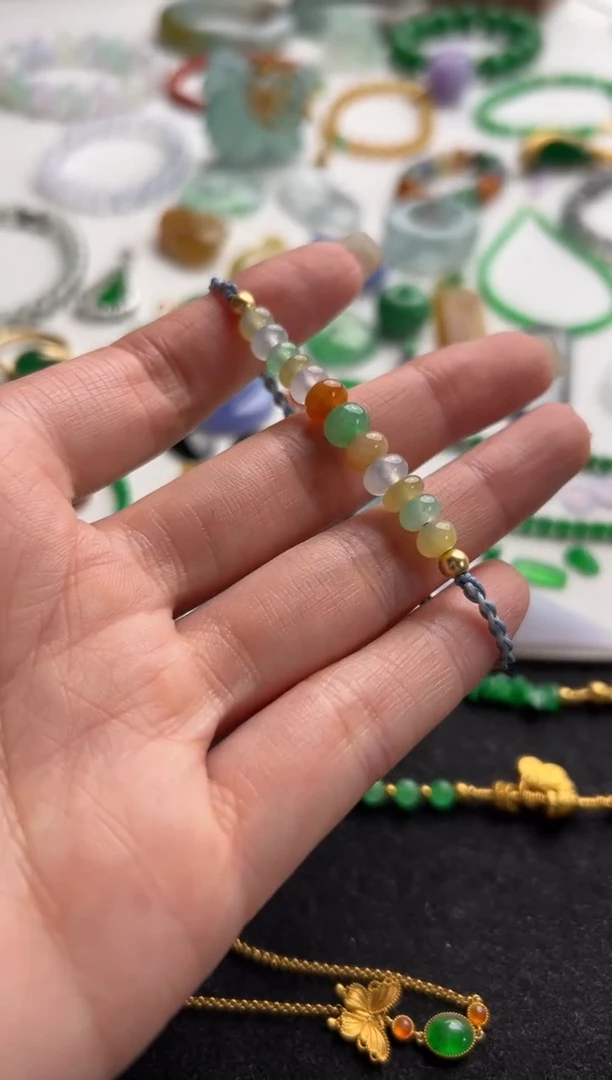 定制翡翠未镶嵌多彩鼓珠手串1380+138