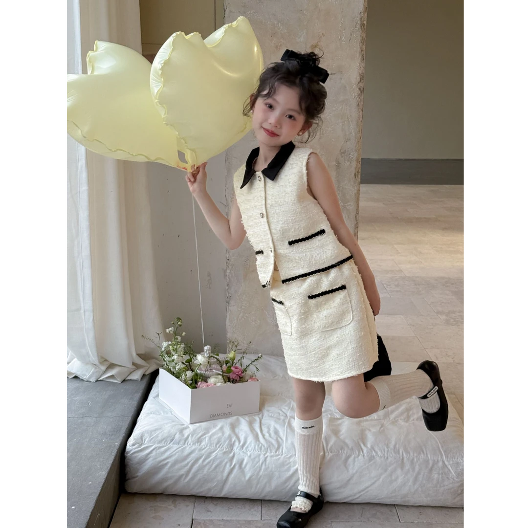 儿童套装2025夏女童富家千金风无袖背心上衣半裙套装小香风两件套