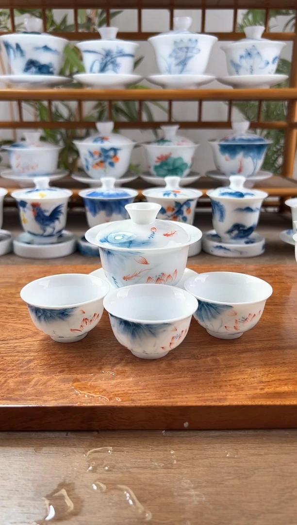 微瑕羊脂玉瓷蓝莲130ml三才盖碗+小和顺杯3个