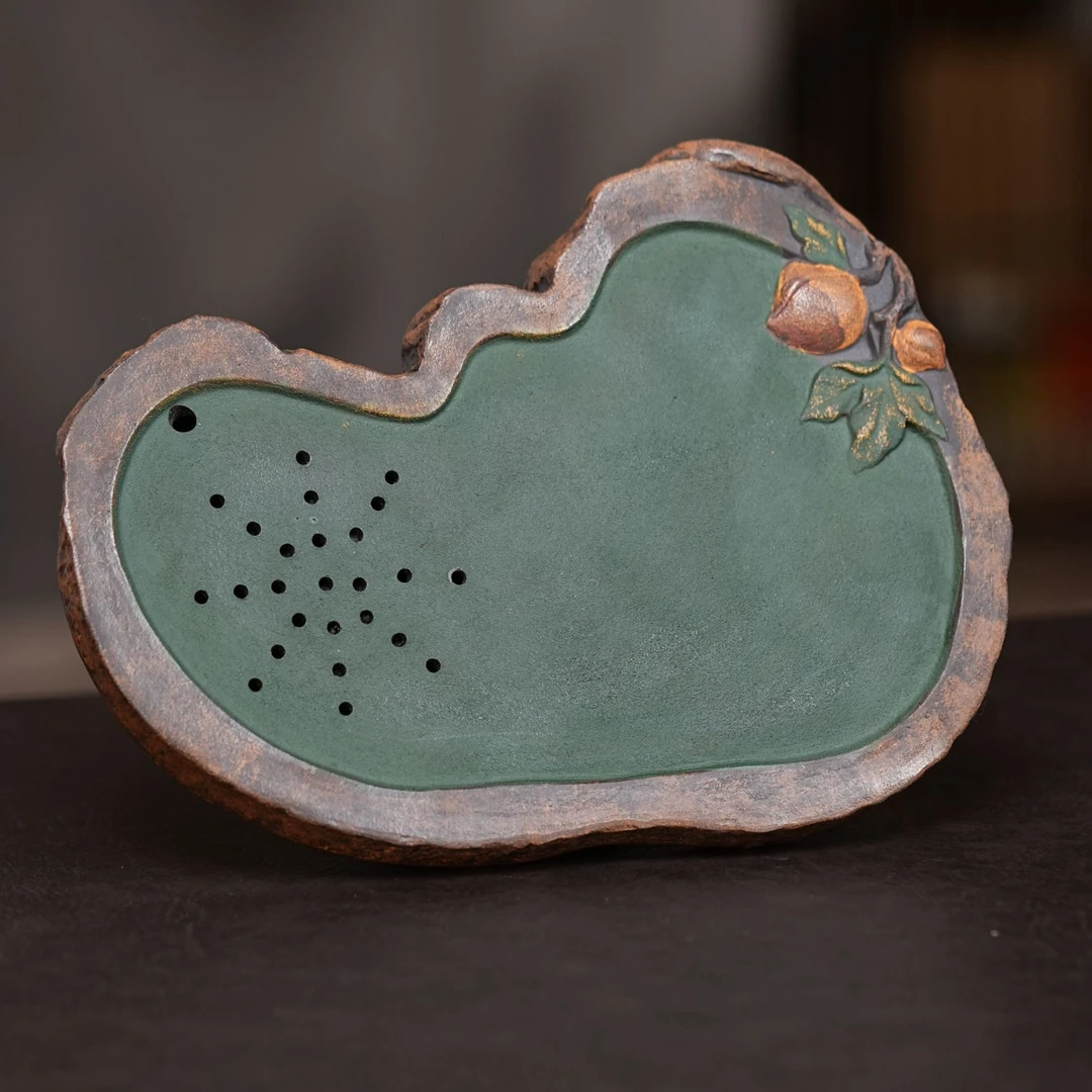 宜兴紫砂老紫泥手工制作桃子茶盘壶承  254