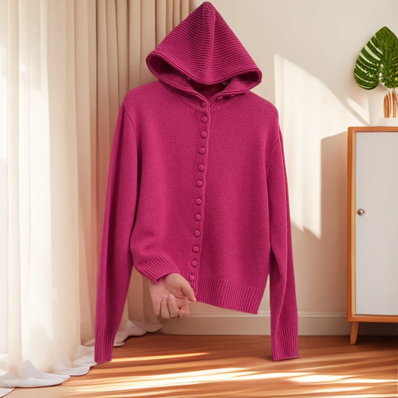 时尚火龙果色毛衣外套女洋气针织开衫连帽2025新款秋冬季短款上衣