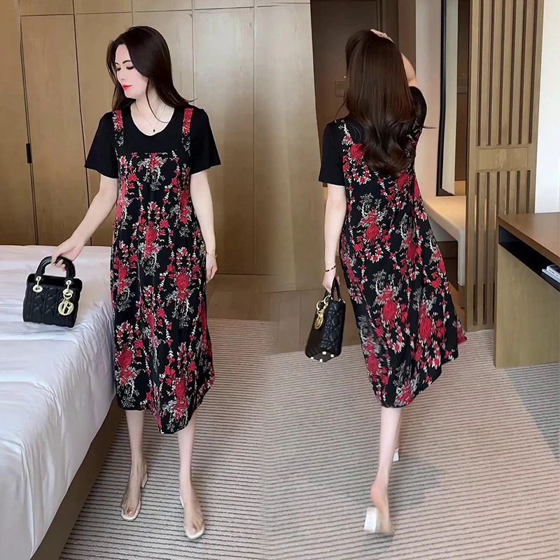 夏季宽松时尚洋气质背带假两件连衣裙女2024大码减龄碎花中长裙子