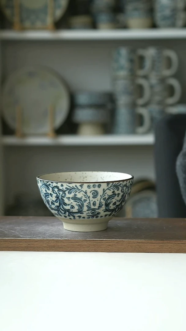 陶粗陶手绘鸢尾花米饭碗12cm@4-2@