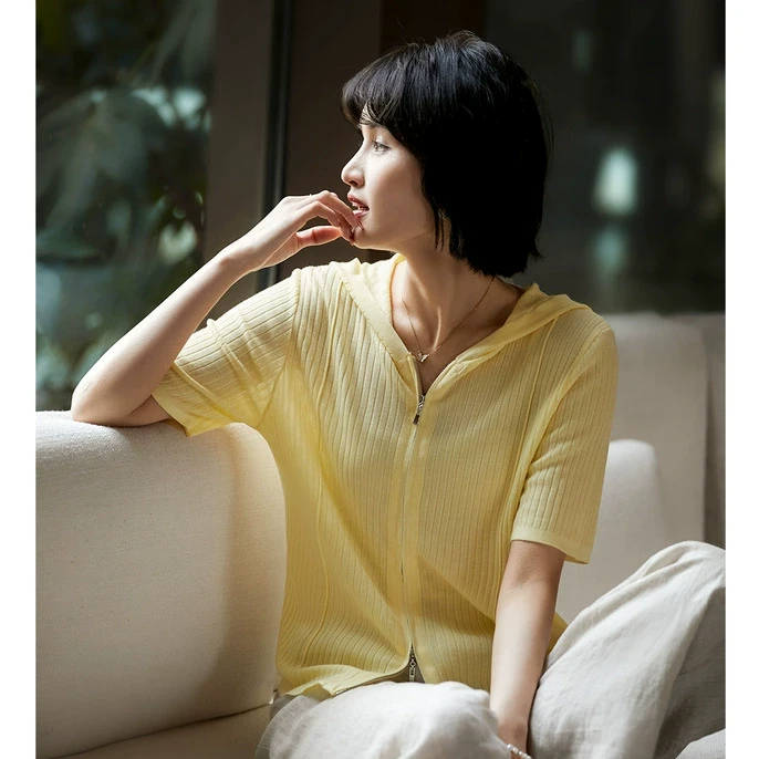 笑涵阁【纸片人开衫】清爽透气显瘦双拉链连帽针织衫ZWB664536MG