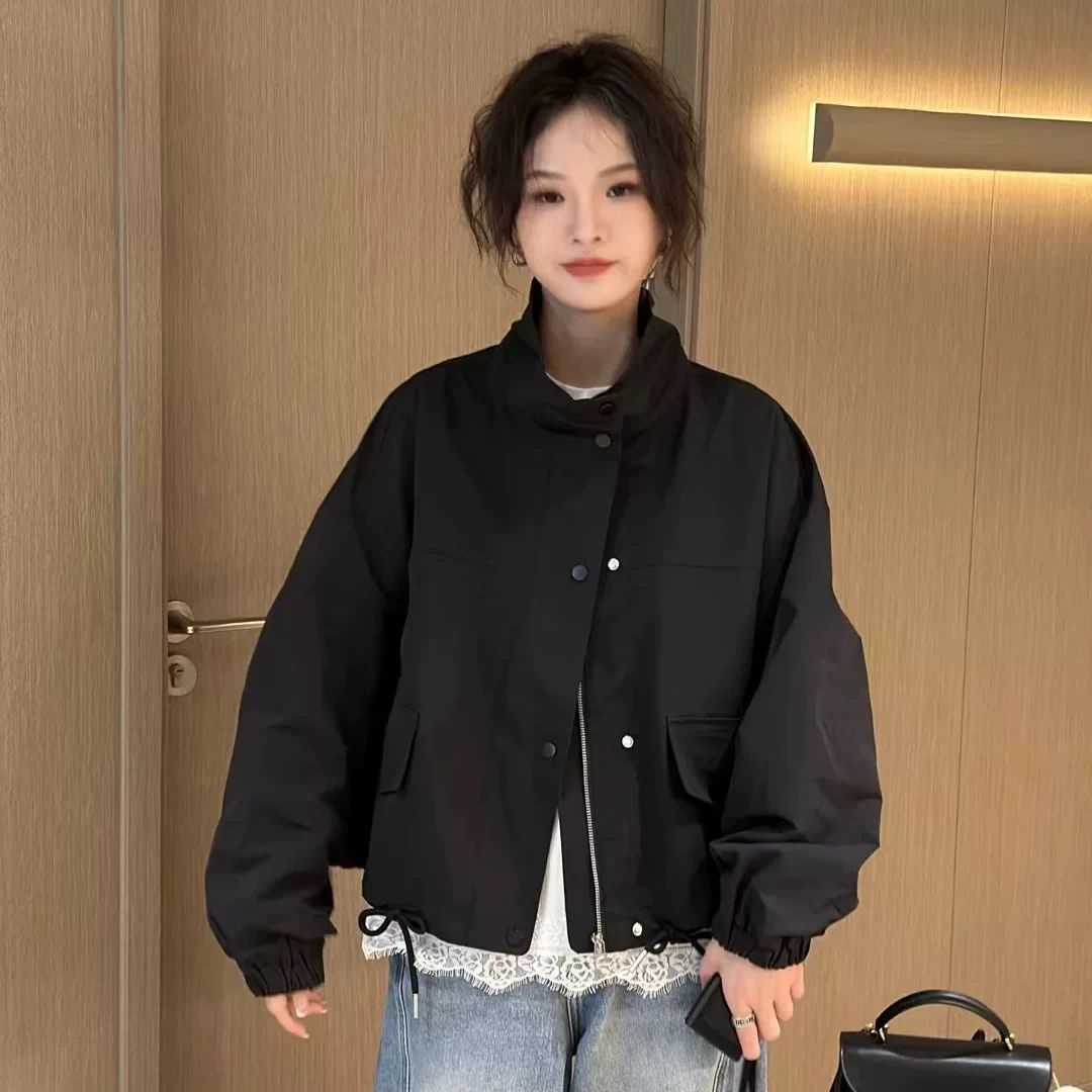 韩版时尚外套女2025秋季新款宽松显瘦抽绳设计感立领工装上衣8809