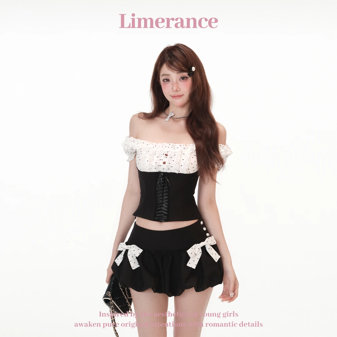 甜梨呆呆 古早美波 上衣 裤裙性感夏季收腰短款黑色波点女士高腰