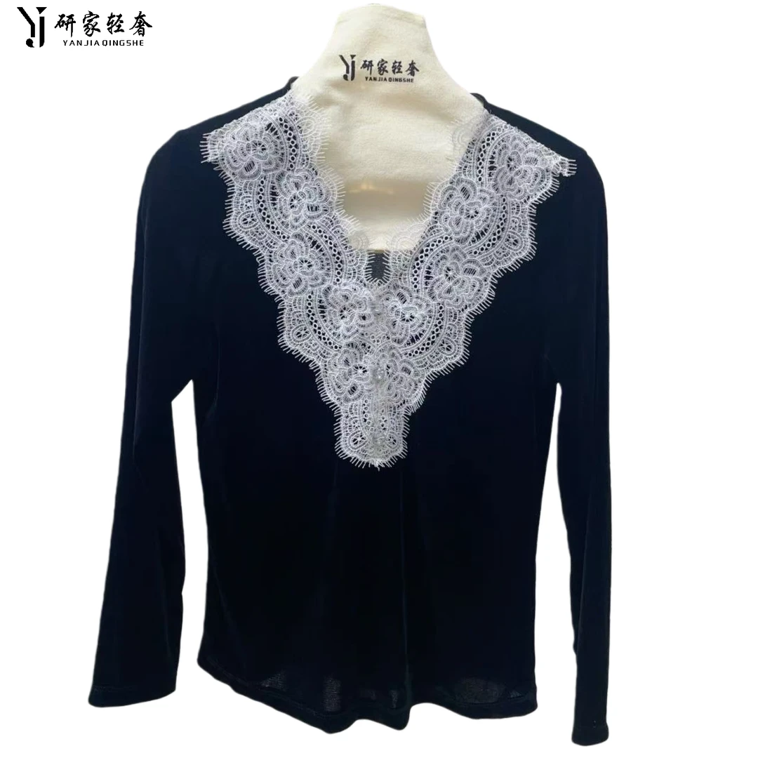 研家轻奢法式浪漫优雅性感蕾丝V领修身显瘦上衣
