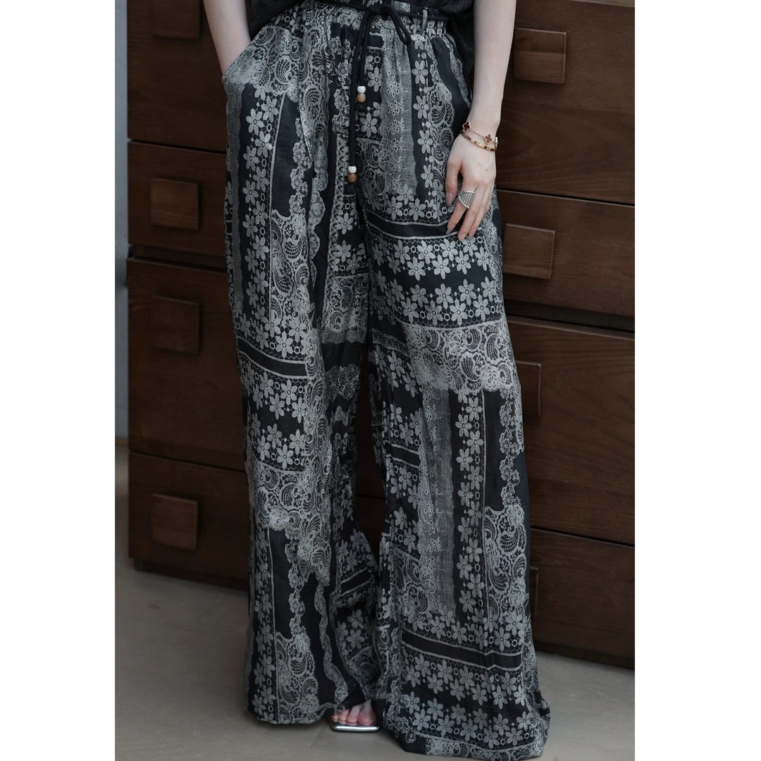 POPULARYW【江畔寻花】Z·R上品屋 时尚休闲松紧腰复古印花阔腿裤