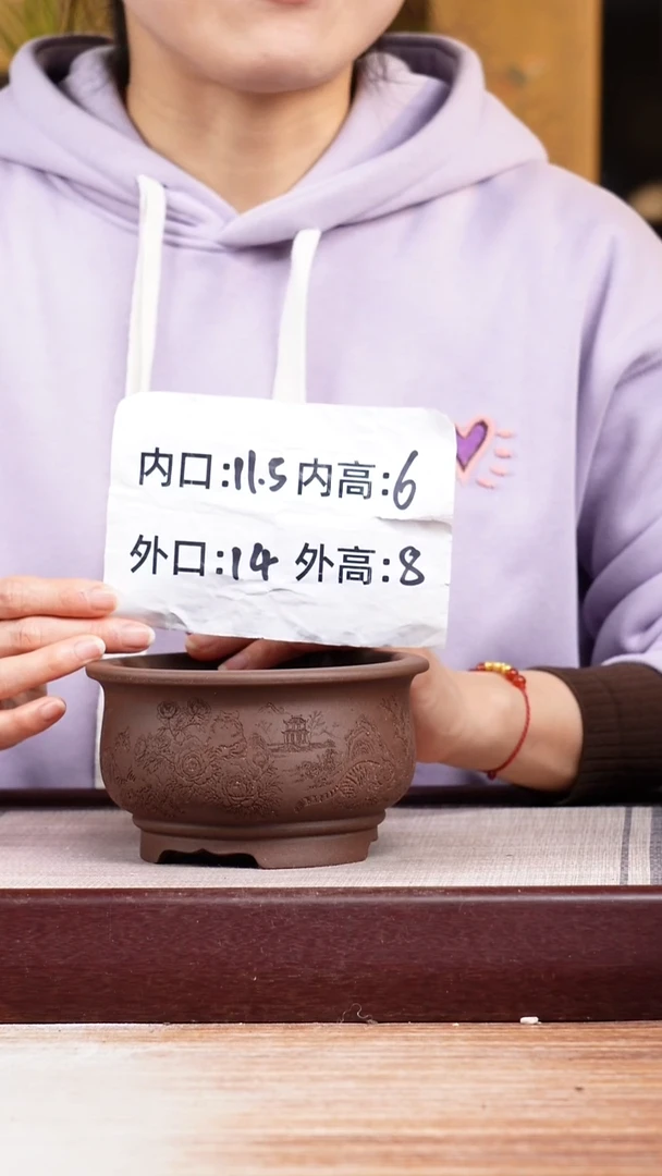 紫砂花盆紫泥刻绘猫咪迷你矮圆盆一只无托