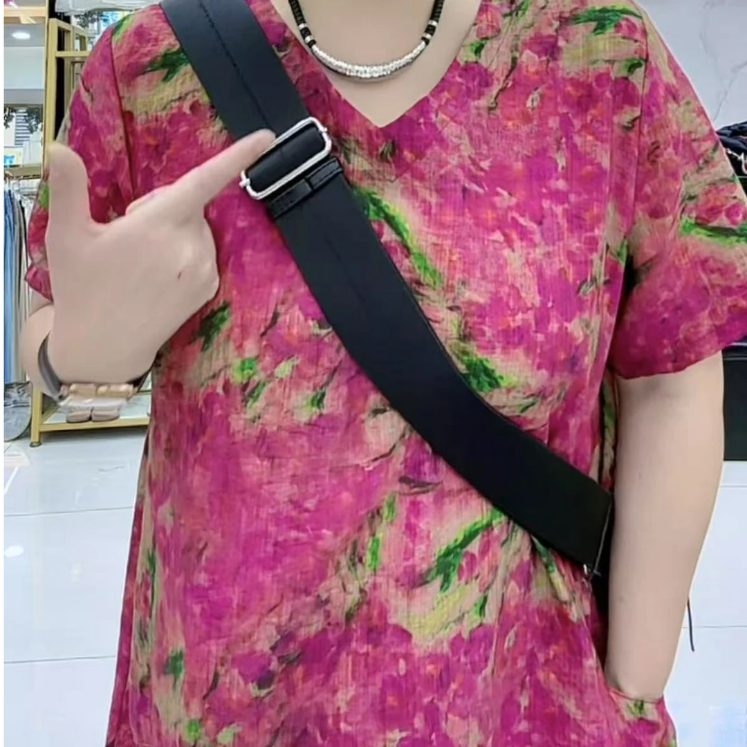 夏季薄款麻棉裙子连衣裙V领宽松休闲