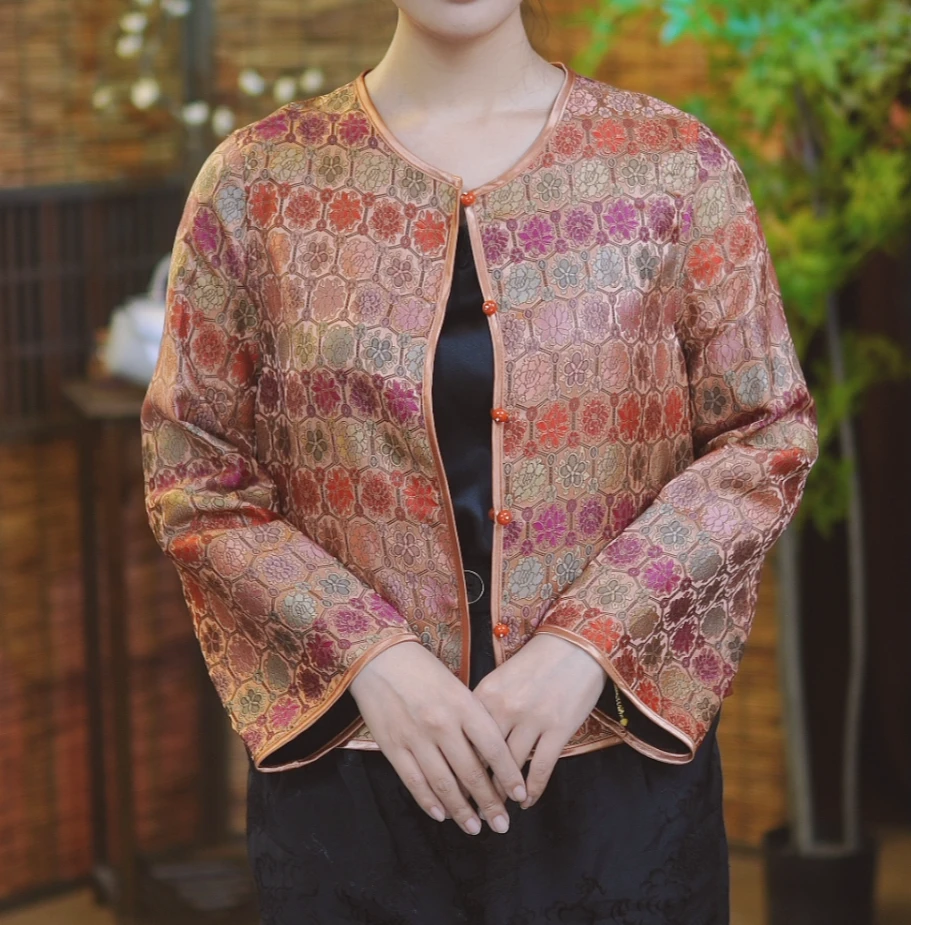 最妍新中式时尚宽松短款外套女2025新款提花气质复古香云纱外套