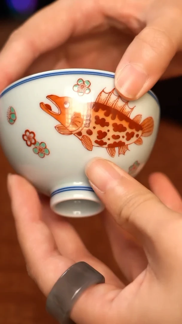 LQT立勤堂红绿彩矾红鳜鱼鸡心杯