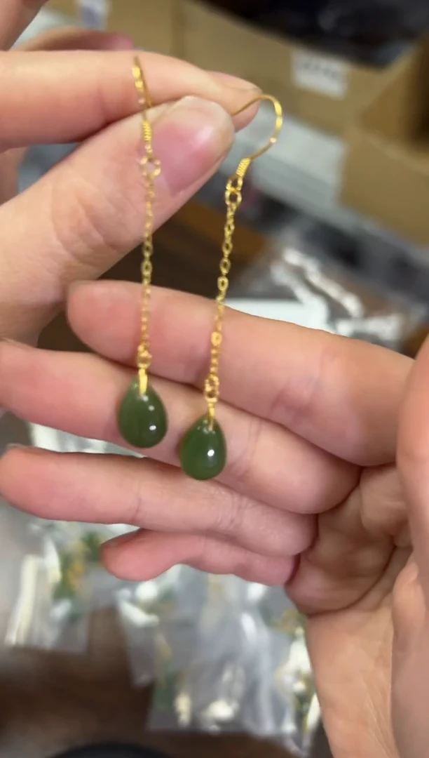 【闪购商品】和田玉耳饰银S925镶嵌和田碧玉水滴银耳钩[2402]