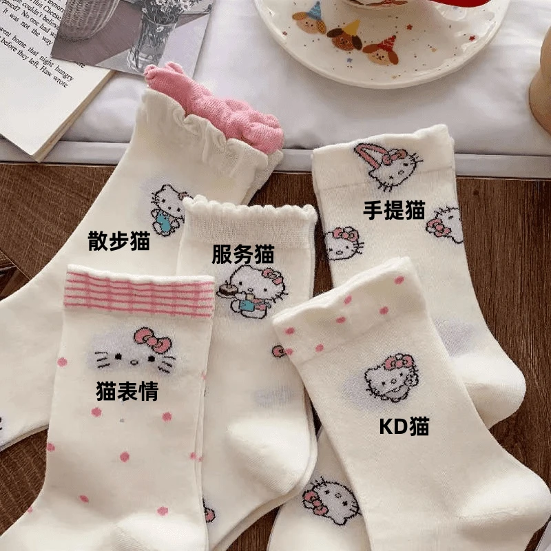 春夏款泡泡花边中筒袜可爱卡通KT猫时尚百搭减龄宽松袜口堆堆袜yw