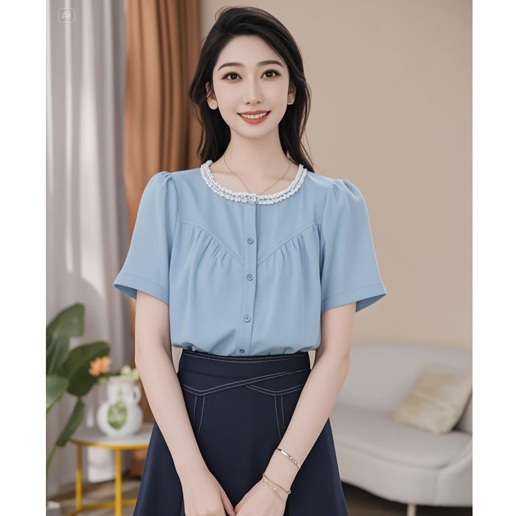 【曼贝】气质风短袖衬衫女高级设计感时尚百搭通勤AI0328-4【甜甜】