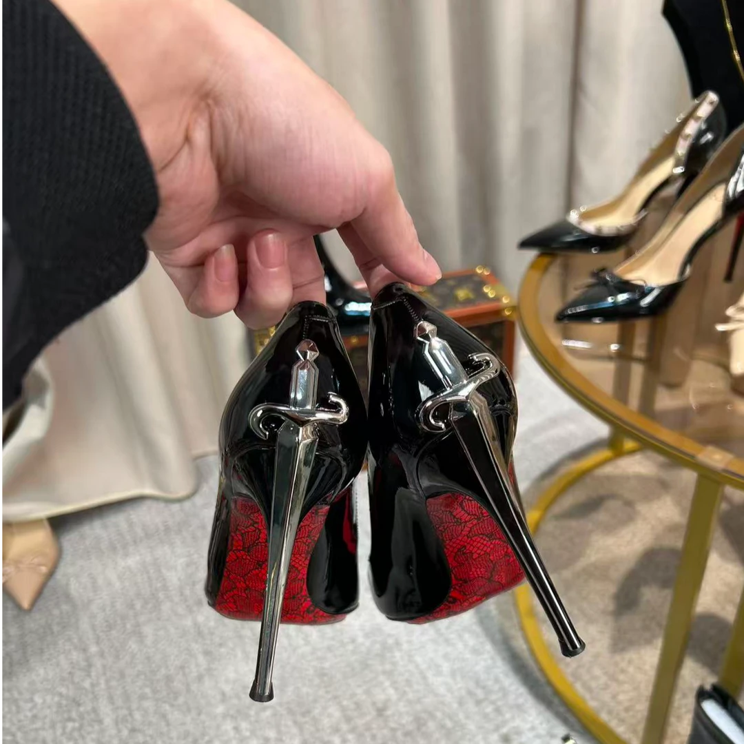 2026欧美风金属权杖高跟鞋细跟真皮红底尖头女鞋匕首高级漆皮单鞋