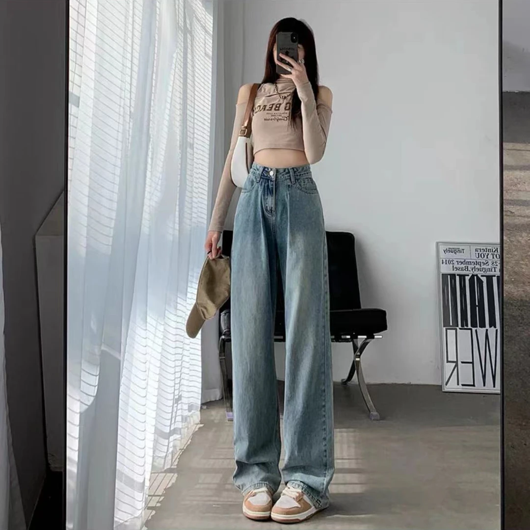 6030裤长100浅蓝色阔腿牛仔裤女夏装2025年新款显瘦高个子拖地裤