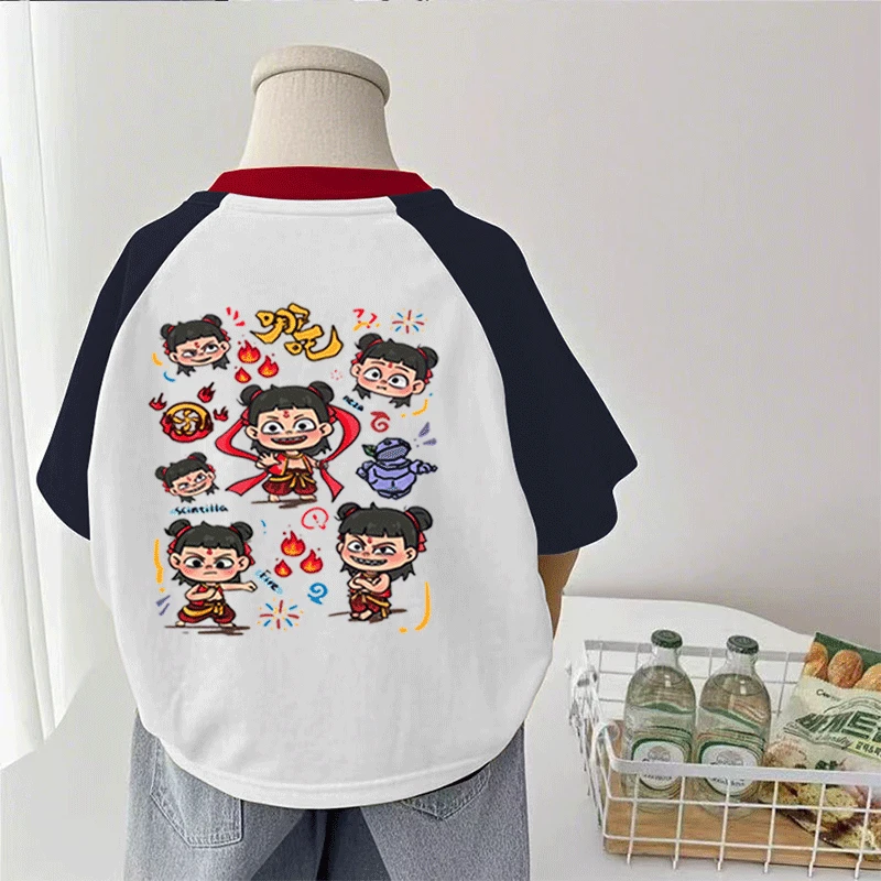 男女童哪吒100纯棉拼色卡通女童T恤短袖宝宝新款洋气夏季儿童上衣