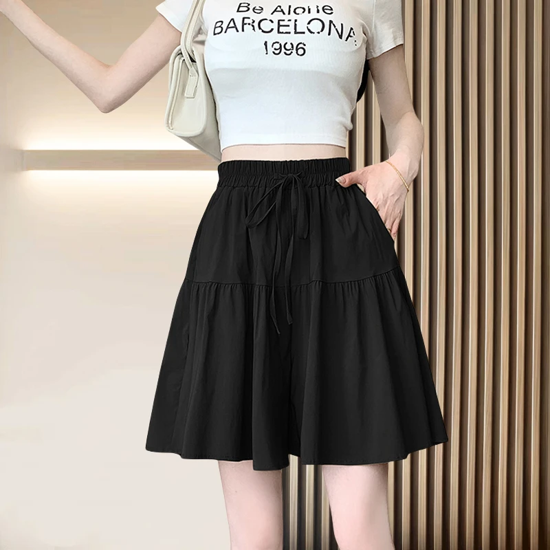 冰丝皱麻松紧腰五分裤女2025夏季新款短裤薄款裤裙宽松百搭阔腿裤