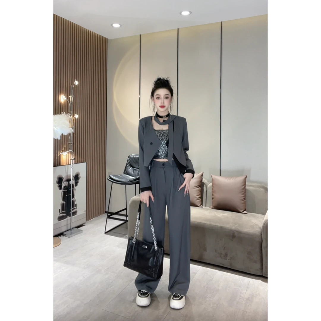 XQ8017【不规则飘带套装】春季气质西装套装不规则飘带上衣+裤子