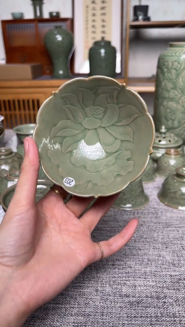 陶瓷203耀州窑纯手工花口斗笠盏