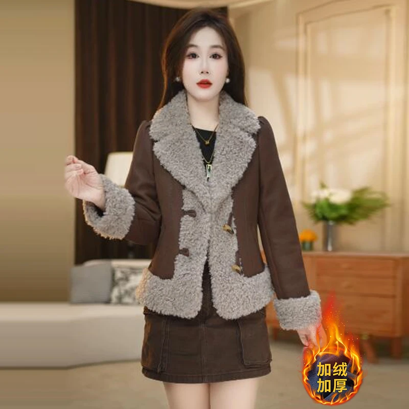 加绒加厚短外套2025年新款冬季小个子西装领保暖女装皮毛一体上衣