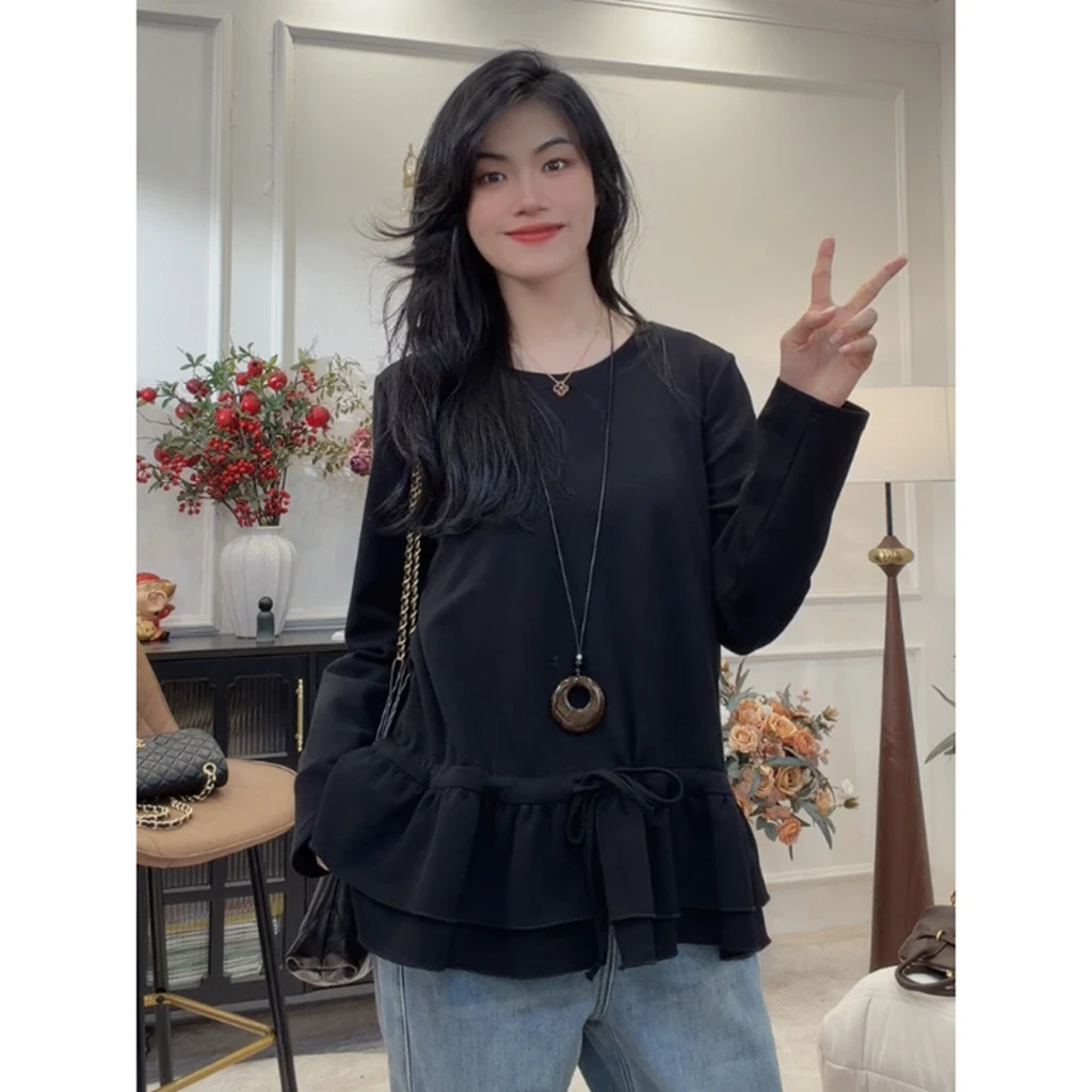 【枫糖】韩系蛋糕裙摆长袖T恤抽绳收腰上衣