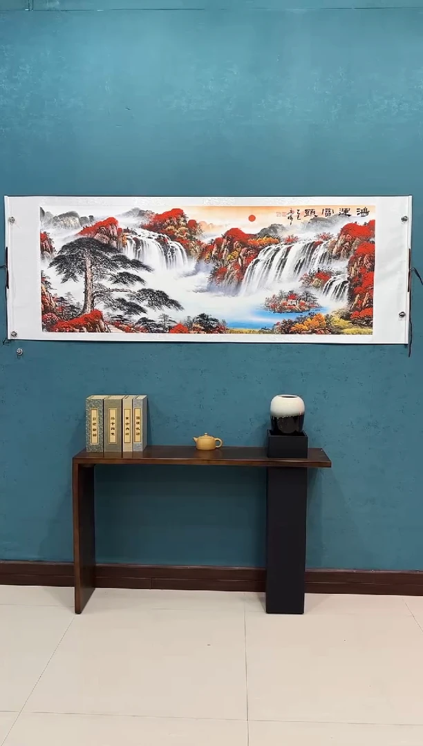 国画《鸿运当头迎客松山水》70*200厘米卷轴软裱