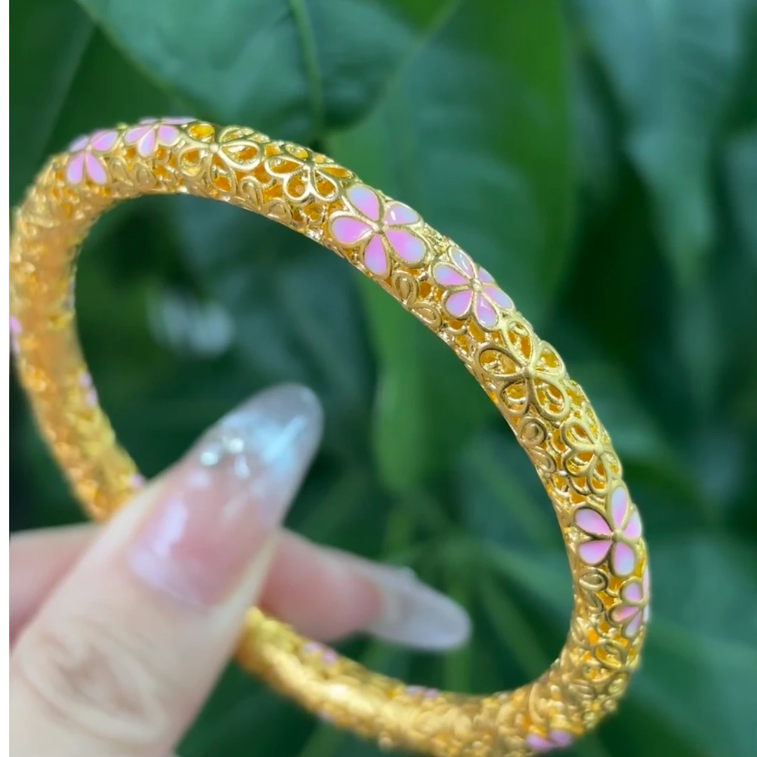 足银珐琅手镯 足银珐琅手镯 樱花珐琅镂空闭口足银手镯999