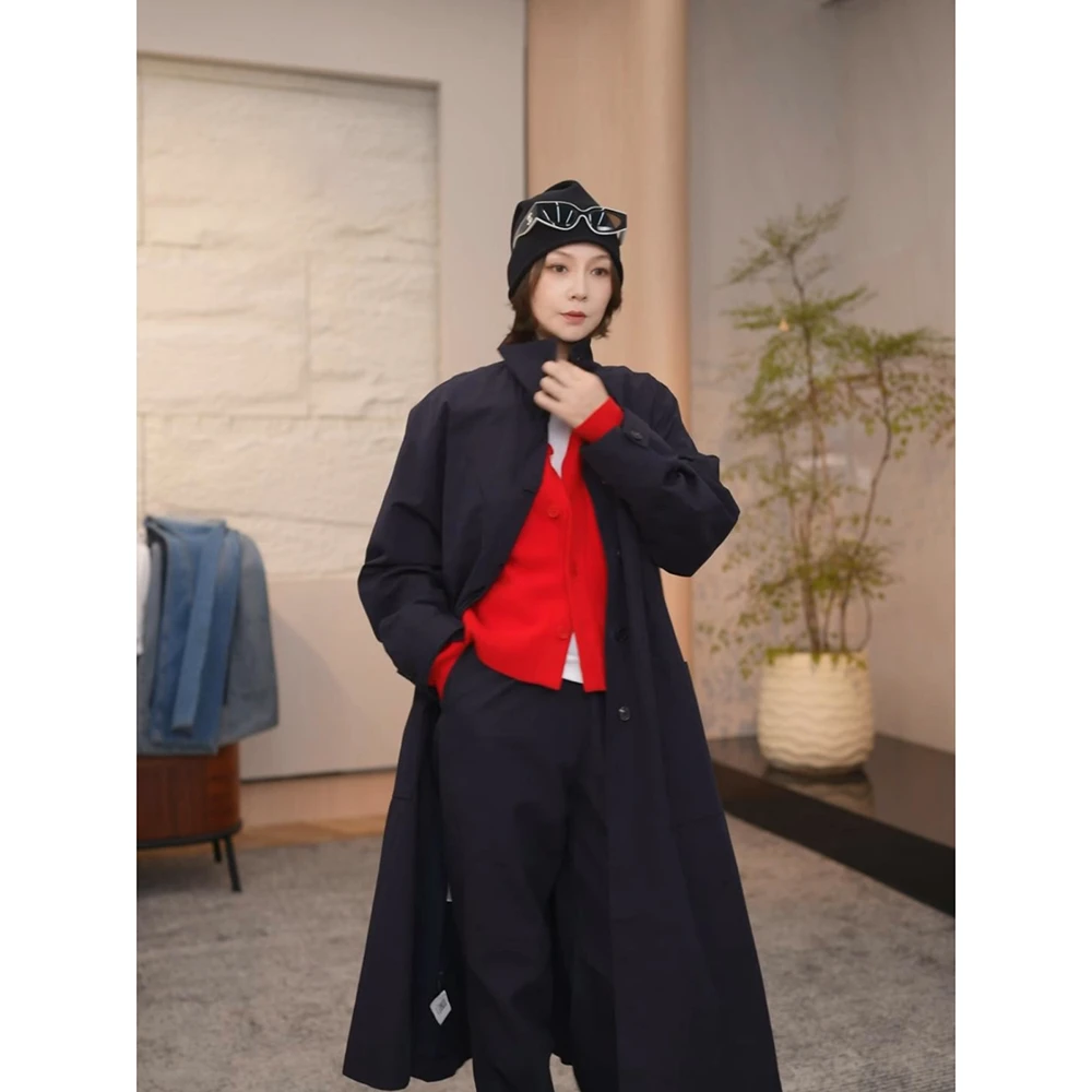 SHIIEELL藏蓝棉麻阔版风衣女士秋冬立领宽松休闲百搭上衣 W2209