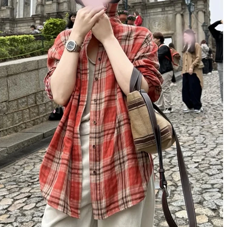 双面条纹复古红心格2025春季新款双面穿搭柔软舒适显瘦上衣格子衫