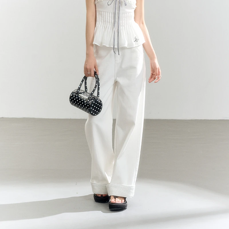 iNSLiiSA 高腰波点卷边白色牛仔裤女阔腿百搭休闲2025新款长裤子
